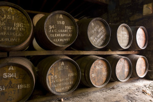 Casks rest in the maturation warehouse at the Glenfarclas Distillery
