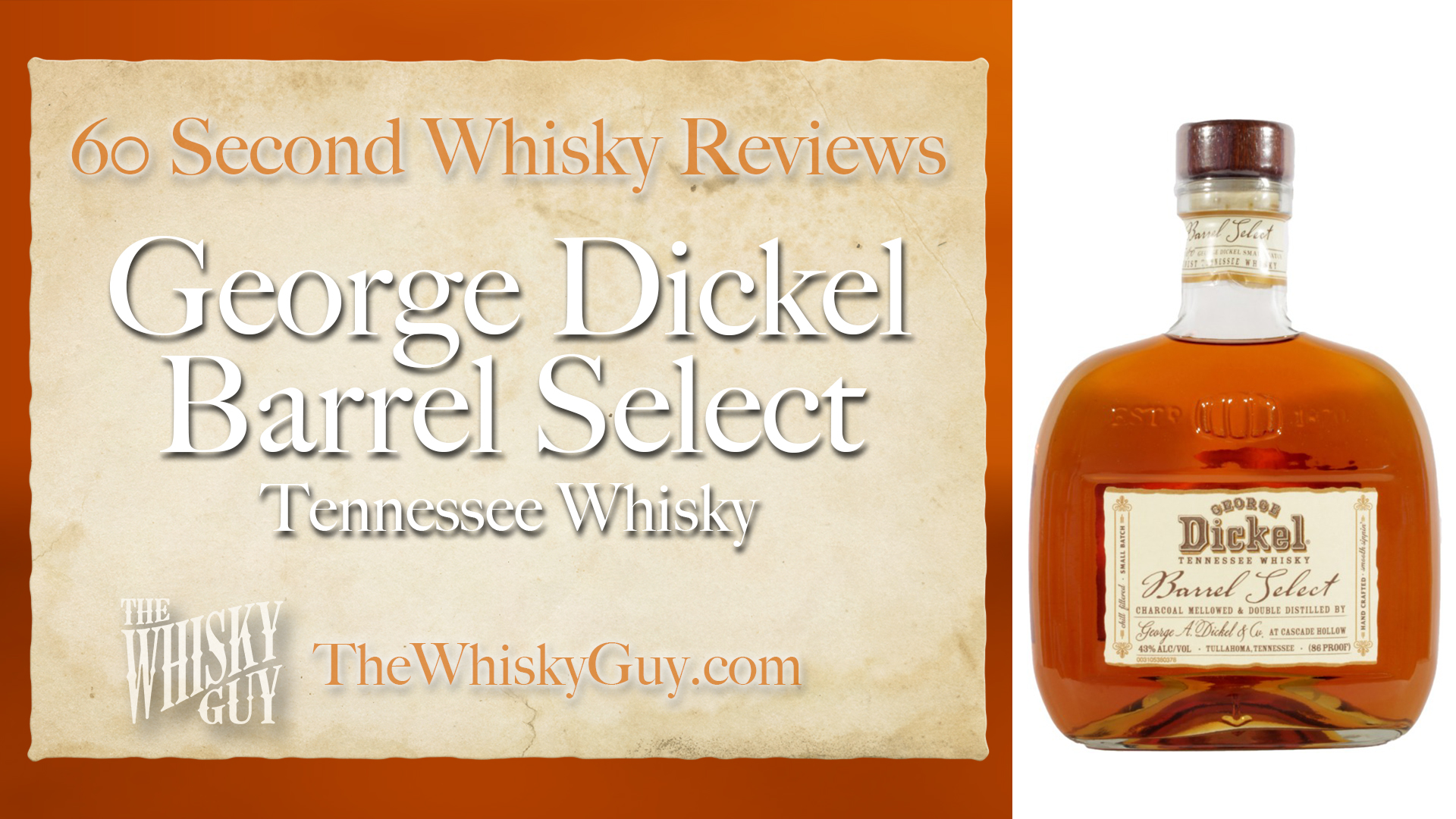 Does George Dickel Barrel Select Tennessee Whisky belong in your liquor cabinet? Is it worth the price at the bar? Give The Whisky Guy 60 seconds and find out! In just 60 seconds, The Whisky Guy reviews Irish Whiskey, Scotch Whisky, Single Malt, Canadian Whisky, Bourbon Whiskey, Japanese Whisky and other whiskies from around the world. Find more at TheWhiskyGuy.com. All original content © Ari Shapiro - TheWhiskyGuy.com